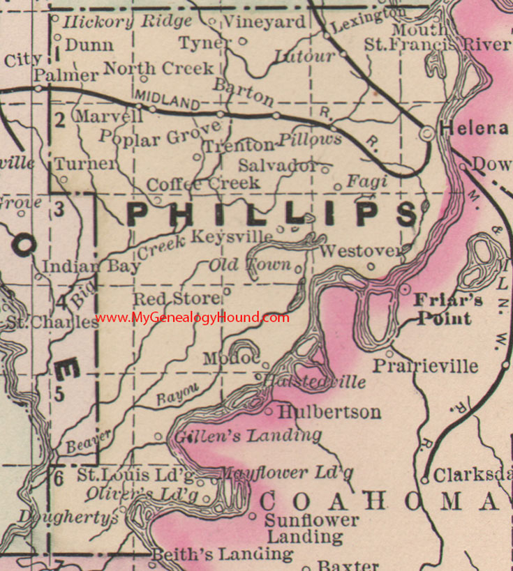 Phillips County, Arkansas Map 1889 Helena, Marvell, Dunn, Tyner, Lutour, Lexington, Modoc, Red Store, AR