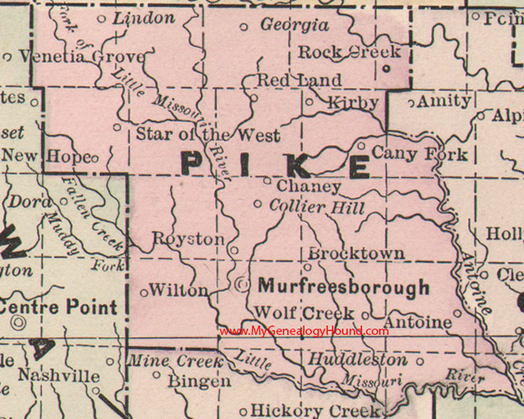 Pike County, Arkansas Map 1889 Murfreesborough, Antoine, Royston, Wilton, Huddleston, Kirby, Wolf Creek, Star of the West, AR