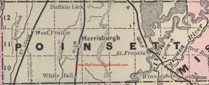 Poinsett County, Arkansas Map 1889 Harrisburg, Tyronza, Buffalo Lick, Winningham, St. Francis, White Hall, West Prairie, AR