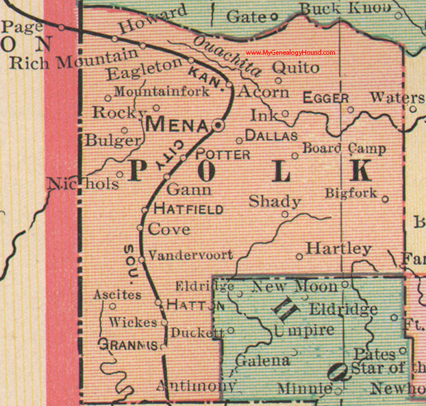 Polk County, Arkansas 1898 Map Mena, Dallas, Hatfield, Grannis, Potter, Cove, Acorn, Wickes, AR