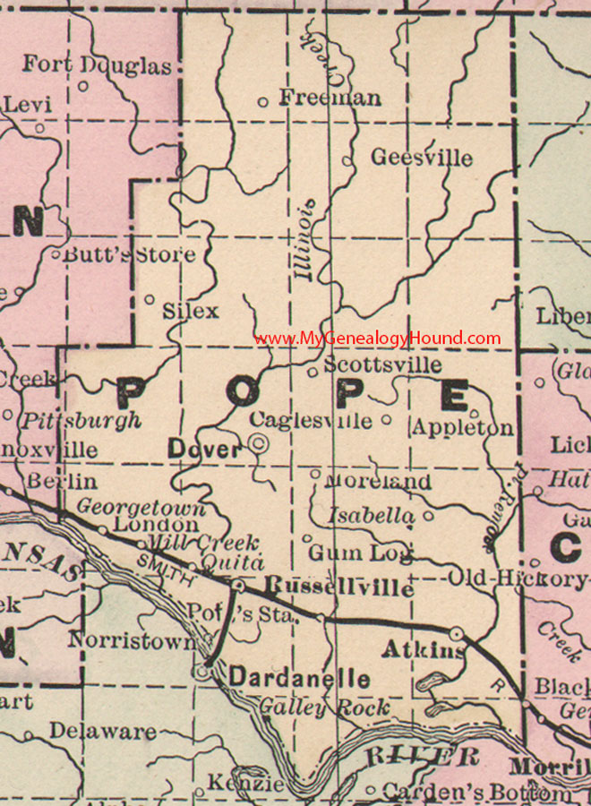 Pope County, Arkansas Map 1889 Russellville, Atkins, Dover, Silex, London, Quita, Moreland, Isabella, AR