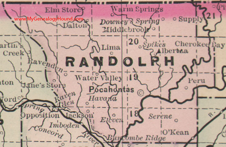 Randolph County, Arkansas Map 1889 Pocahontas, Ravendon, Cherokee Bay, Dalton, Lima, Jackson, Serene, O'Kean, AR