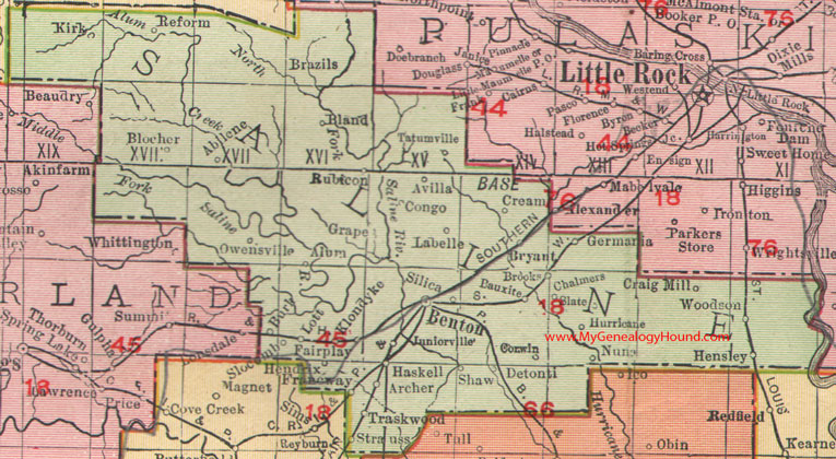 Saline County Arkansas Map 1909 Benton, Bryant, Bauxite, Haskell, Traskwood, Corwin, Archer, Stauss, Blocher, AR
