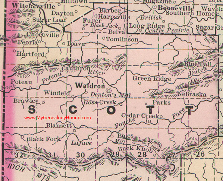 Scott County, Arkansas Map 1889 Waldron, Poteau, Parks, LaFave, Brawley, Boles, Winfield, Tomlinson, Fuller, Barber, Nebraska, AR
