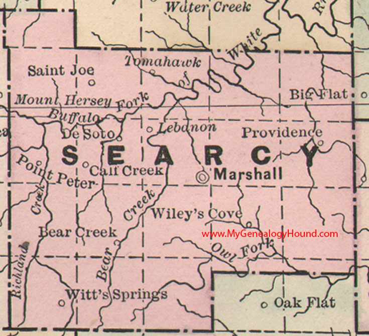 Searcy County, Arkansas Map 1889 Marshall, Saint Joe, Tomahawk, DeSoto, Bear Creak, Lebanon, Wiley's Cove, Witt's Springs, AR