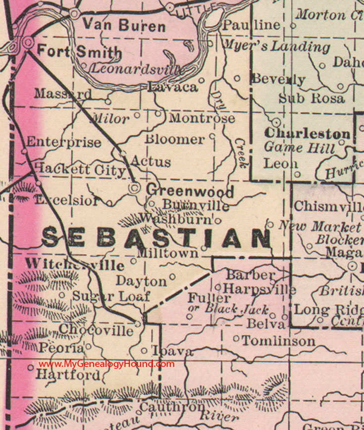 Sebastian County, Arkansas Map 1889 Fort Smith, Greenwood, Witcherville, Hartford, Hackett City, Lavaca, AR
