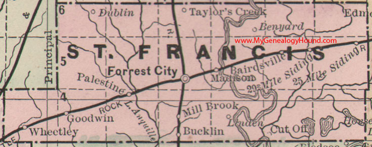 St. Francis County, Arkansas Map 1889 Forrest City, Madison, Palestine, Wheatley, Goodwin, Benyard, Bucklin, AR