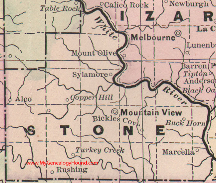 Stone County, Arkansas Map 1889 Mountain View, Sylamore, Alco, Rushing, Marcella, Bickles Cove, AR