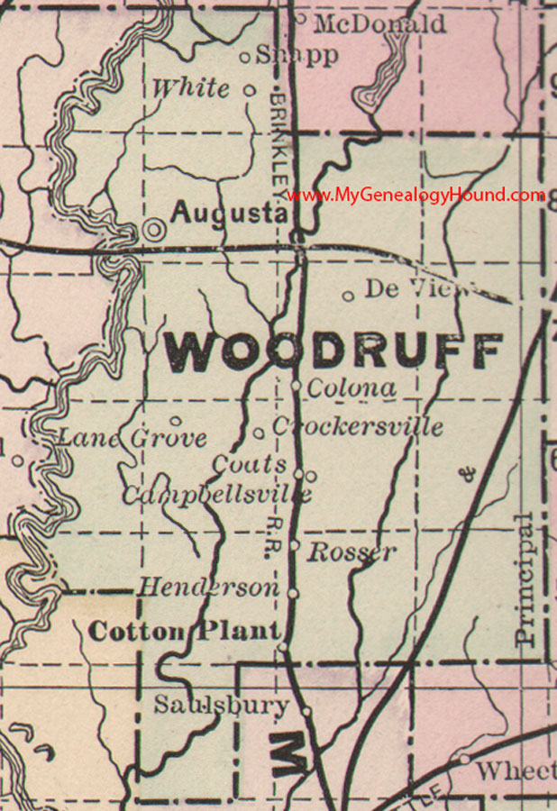 Woodruff County, Arkansas Map 1889 Augusta, Cotton Plant, Colona, Crockersville, Rosser, AR