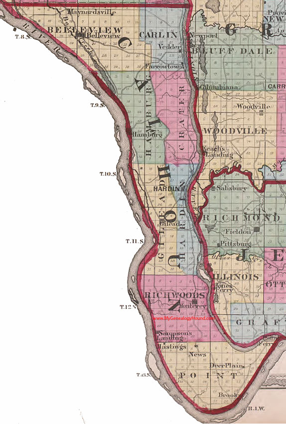 Calhoun County, Illinois 1870 Map, Hardin, Belleview, Brooks, Deer Plain, Farrowtown, Gilead, Hamburg, Hastings, Maynardsville, Monterey, News, Sampson's Landing, Vedder