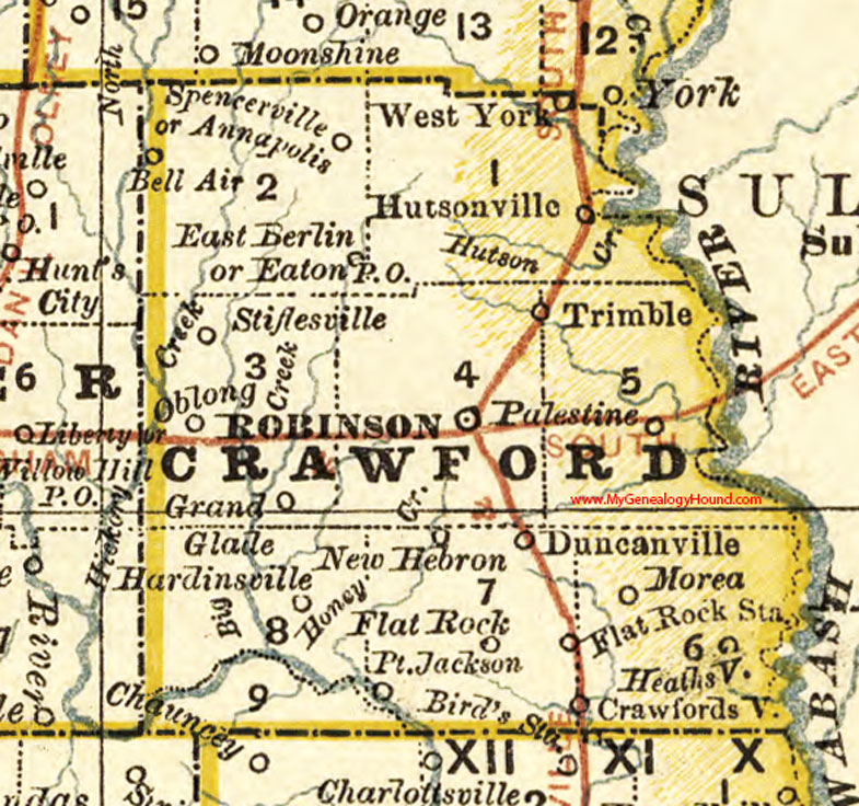 Crawford County, Illinois 1881 Map, Robinson, Palestine, Hutsonville, Oblong, Annapolis, Flat Rock, Morea, Trimble