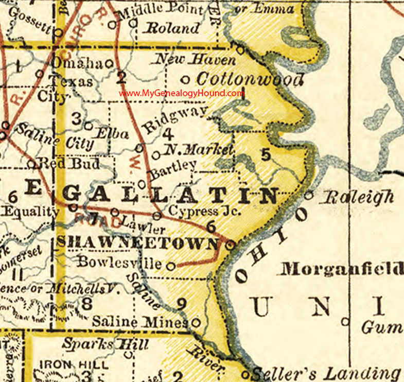 Gallatin County, Illinois 1881 Map, Shawneetown, Ridgway, Equality, Omaha, New Haven, Lawler