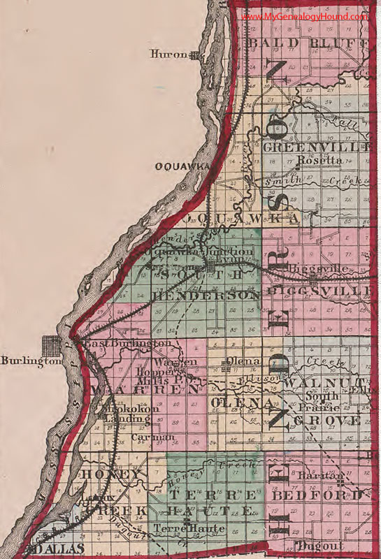 Henderson County, Illinois 1870 Map, Oquawka, Biggsville, Rosetta, Lynn, Lomax, Raritan