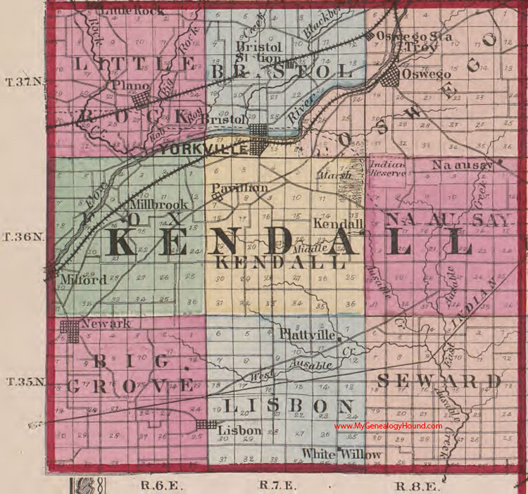 Kendall County, Illinois 1870 Map, Oswego, Newark, Plano, Yorkville, Bristol, Lisbon, Milford, Millbrook