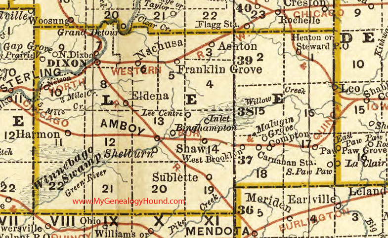 Lee County, Illinois 1881 Map, Amboy, Dixon, Franklin Grove, Ashton, Steward, Sublette, Compton, Paw Paw, Shaw