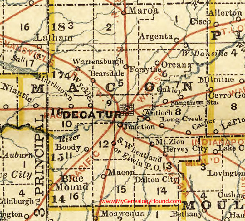 Macon County, Illinois 1881 Map, Decatur, Forsyth, Argenta, Warrensburg, Blue Mound, Niantic, Maroa, Boody 