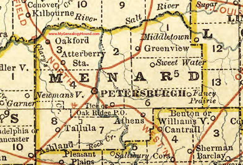 Menard County, Illinois 1881 Map, Petersburg, Athens, Atterberry Station, Fancy Prairie, Oakford, Oak Ridge, Greenview,  Sweet Water, Tallula, Tice