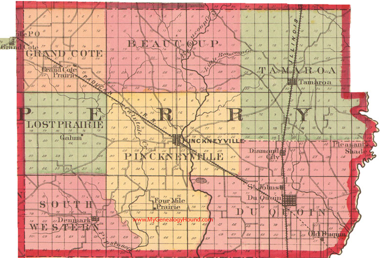 Perry County, Illinois 1870 Map Pinckneyville, Du Quoin, Tamaroa, Denmark, Galum, Diamond City, Grand Cote Prairie, Pleasant Shade, IL