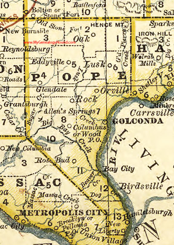 Pope County, Illinois 1881 Map, Golconda, Allen's Springs, Bay City, Columbus, Eddyville, Glendale, Hamletsburgh, Lusk, New Liberty, Oak, Orville, Rock, Rose Bud, Wood
