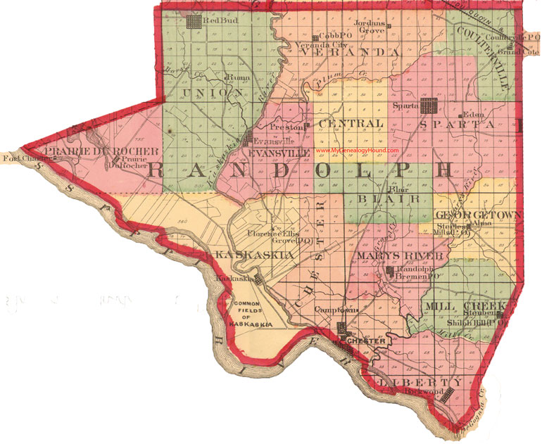 Randolph County, Illinois 1870 Map Chester, Red Bud, Sparta, Evansville, Kaskaskia, Steuben, Rockwood, Coulterville, Prairie Du Rocher, IL