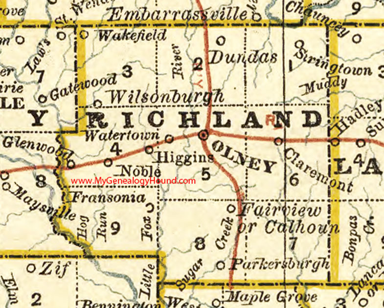 Richland County, Illinois 1881 Map, Olney, Noble, Claremont, Dundas, Calhoun, Fransonia, Higgins, Watertown