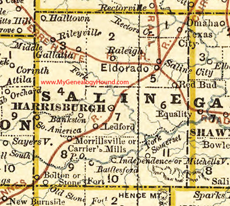 Saline County, Illinois 1881 Map, Harrisburg, Eldorado, Carrier Mills, Galatia, Red Bud, Independence, Bolton, Bankston 