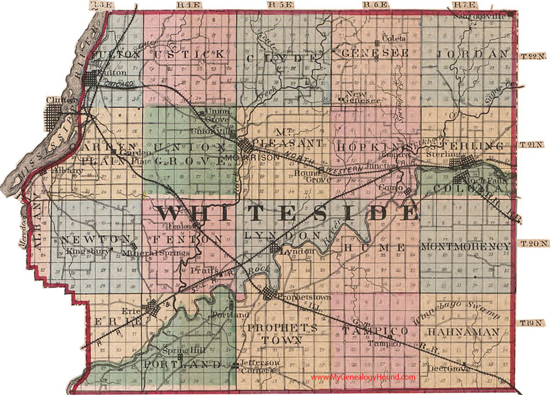 Whiteside County, Illinois 1870 Map, Morrison, IL, Albany, Erie, Fulton, Rock Falls, Prophetstown, Sterling, Tampico