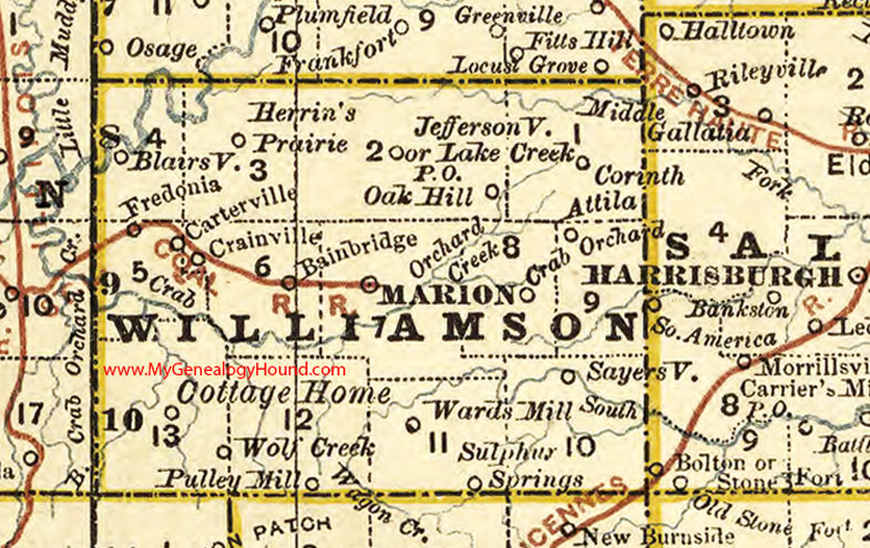Williamson County, Illinois 1881 Map, Marion, Herrin, Carterville, Crab Orchard, Bainbridge, Attila, Fredonia