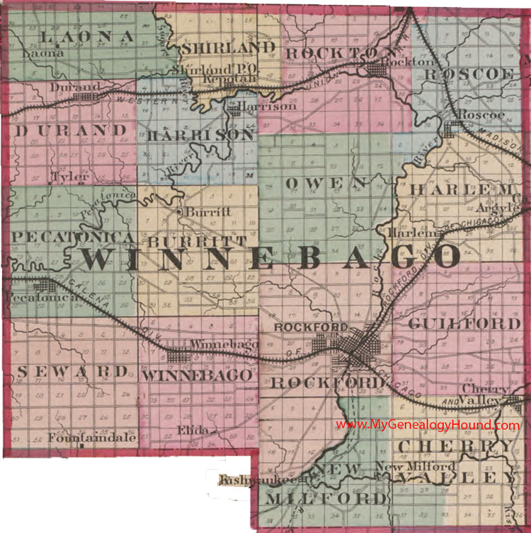Winnebago County, Illinois 1870 Map Rockford, Rockton, Pecatonica, Cherry Valley, Roscoe, Durand, Harrison, Kishwaukee, Harlem, IL