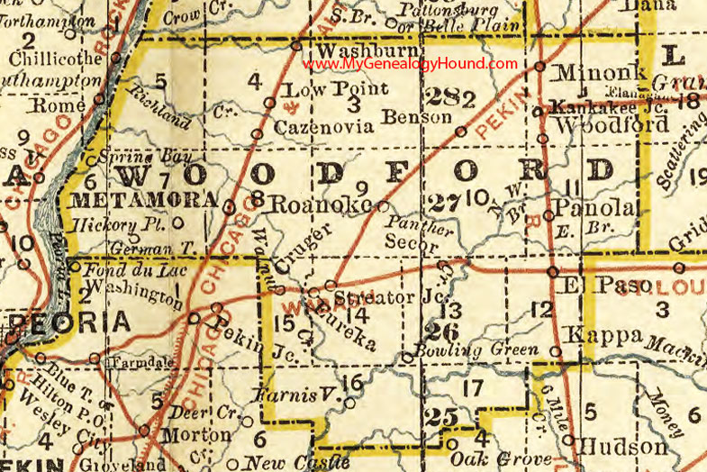 Woodford County, Illinois 1881 Map, Metamora, Roanoke, Minonk, El Paso, Secor, Benson, Eureka, Cazenovia, Farnisville, Kappa