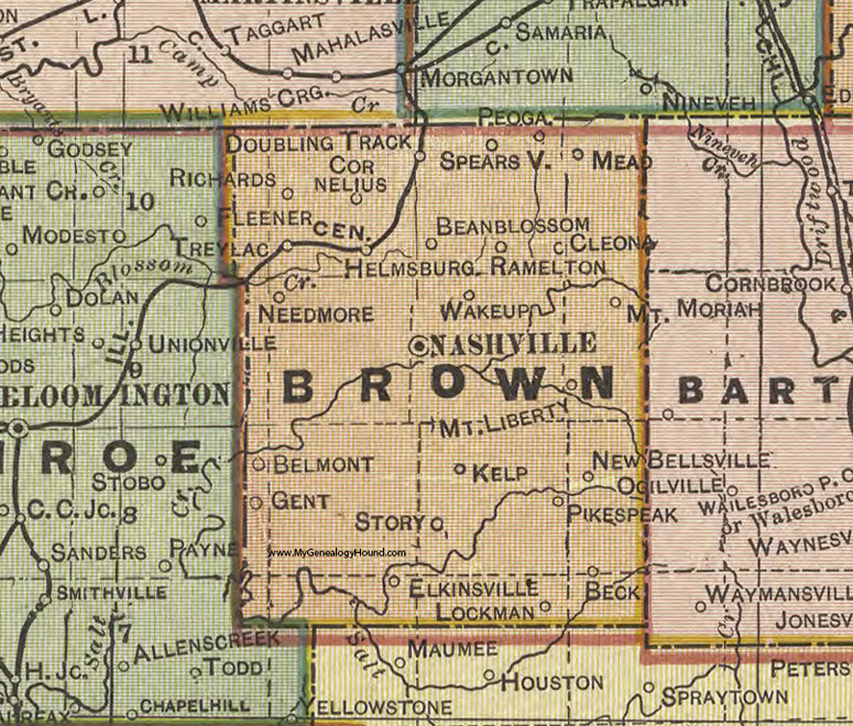 Brown County, Indiana, 1908 Map, Nashville, Helmsburg, Trevlac, Needmore, Pikes Peak, Needmore, Ramelton, Mead, Wakeup, Cornelius, Cleona, Peoga 