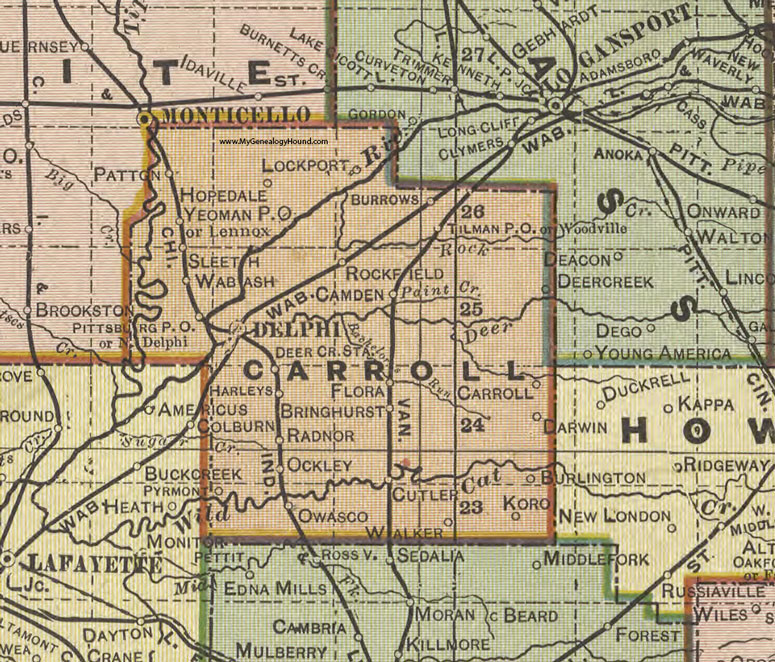 Carroll County, Indiana, 1908 Map, Delphi, Camden, Flora, Burlington, Burrows, Yeoman, Rockfield, Cutler, Radnor