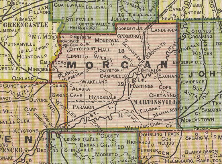 Morgan County, Indiana, 1908 Map, Martinsville, Mooresville, Brooklyn, Morgantown, Cope, Crown Center, Eminence, Taggart, Paragon