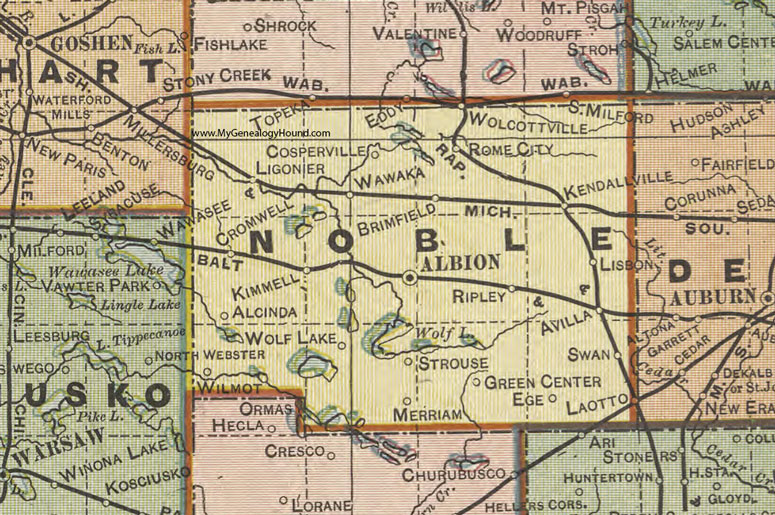 Noble County, Indiana, 1908 Map, Albion, Ligonier, Kendallville, Avilla, Rome City, Wawaka, Brimfield, Kimmell, Cromwell, LaOtto, Wolf Lake, Merriam