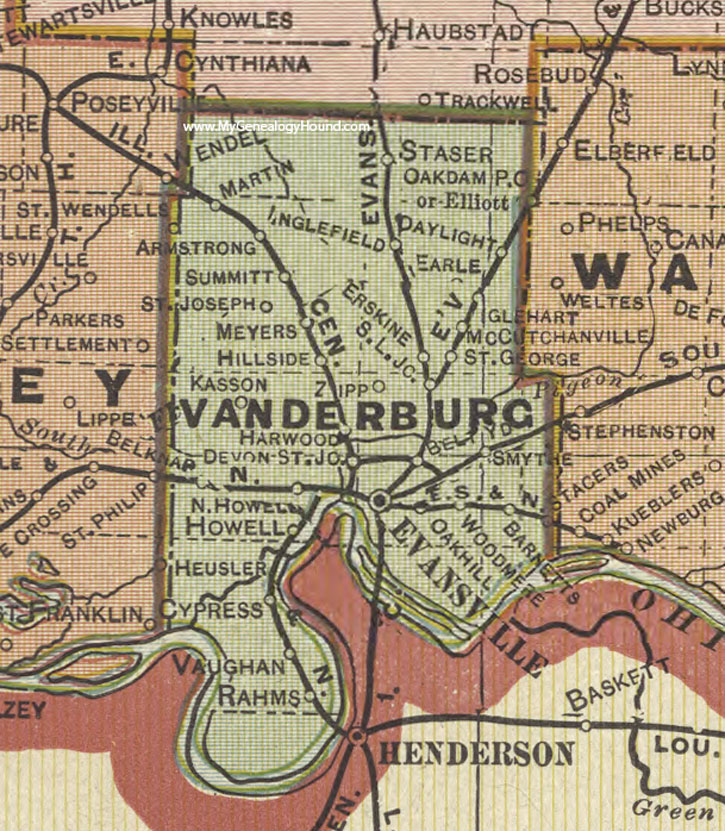 Vanderburgh County, Indiana, 1908 Map, Evansville, Inglefield, Kasson, Daylight, Armstrong, McCutchanville, Belknap, Harwood, Smythe, Earle