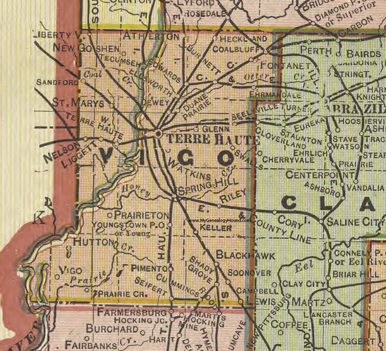 Vigo County, Indiana, 1908 Map, Terre Haute, Seelyville, Riley, Prairie Creek, Prairieton, Burnett, New Goshen, Pimento