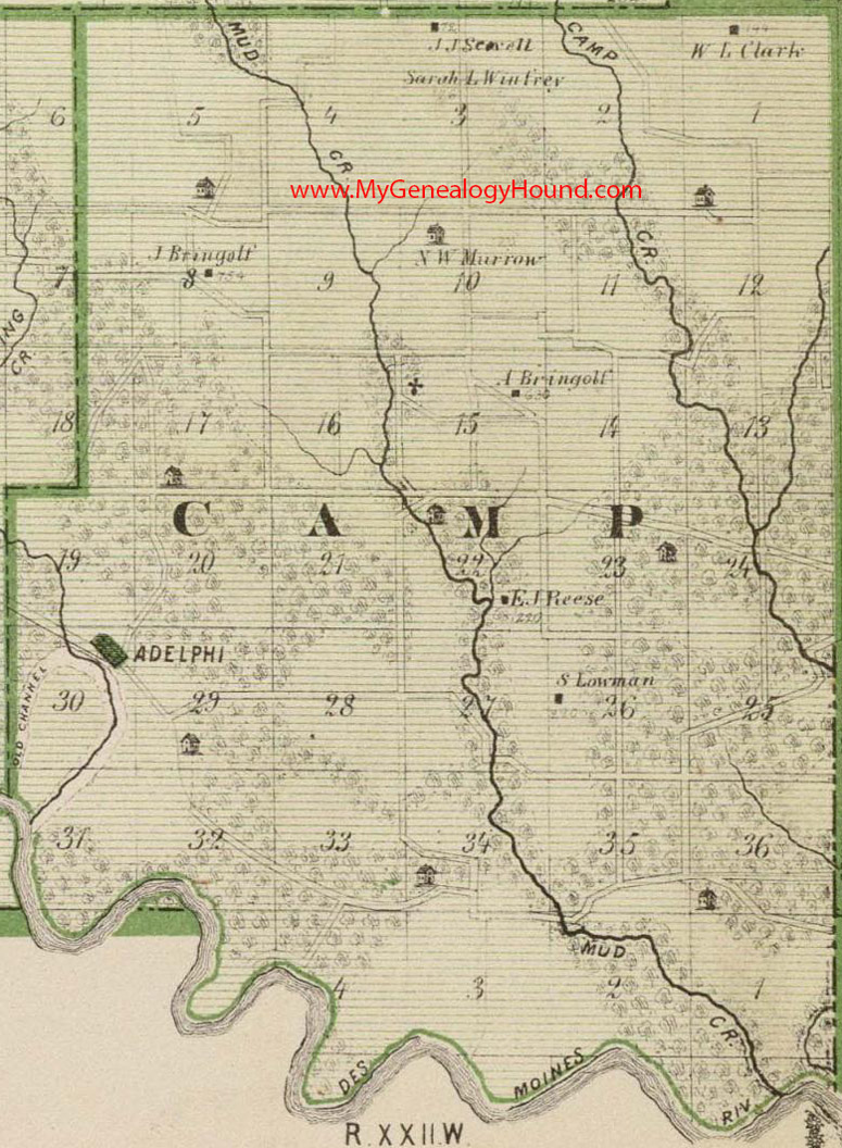 Camp Township, Polk County, Iowa, 1875, Map, Adelphi, IA