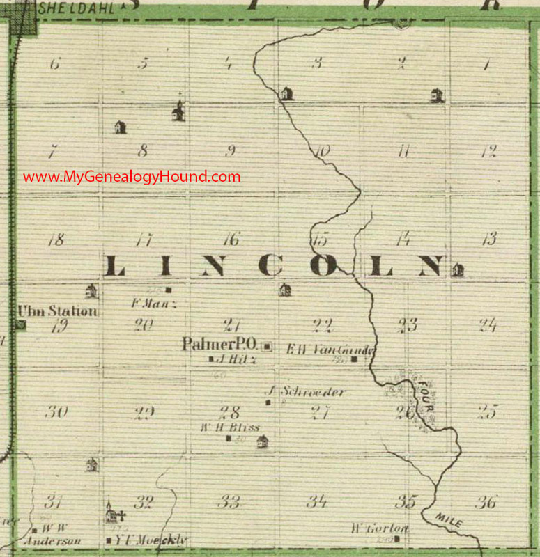 Lincoln Township, Polk County, Iowa, 1875, Map, Palmer, Sheldahl, Ulm Station, IA Lincoln Township, Polk County, Iowa, 1875, Map, Palmer, Sheldahl, Ulm Station, IA