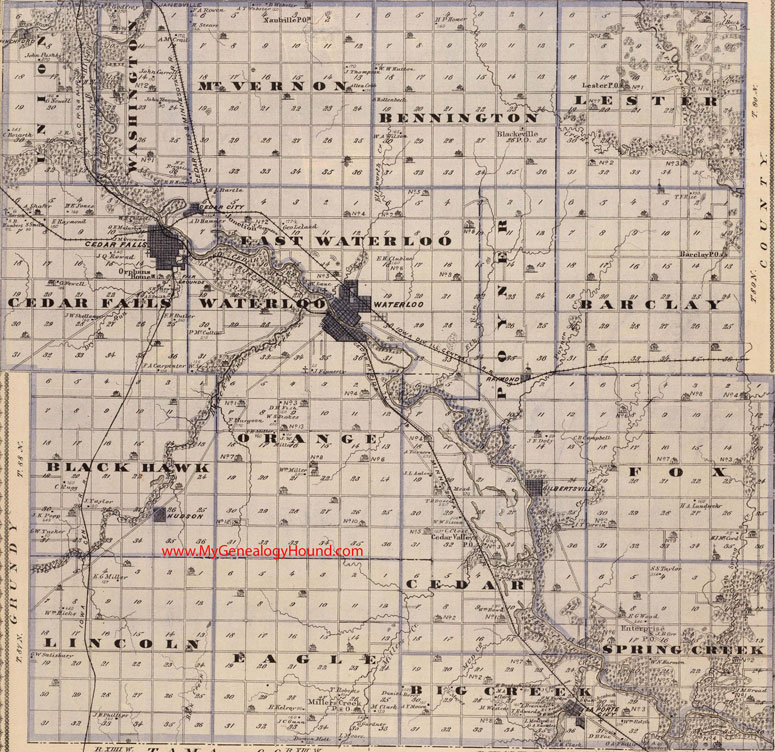 Black Hawk County, Iowa, 1875, Map, Waterloo, Cedar Falls, Gilbertsville, Hudson, LaPorte City, Cedar City, Janesville, Nautrille, Blackeville, IA
