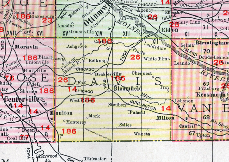 Davis County, Iowa, 1911, Map, Bloomfield, Drakesville, Pulaski, Floris, Belknap, Chequest, Laddsdale, Steuben, Stiles, Waneta, Blackhawk, Ash Grove, Monterey, White Elm, Troy, Paris