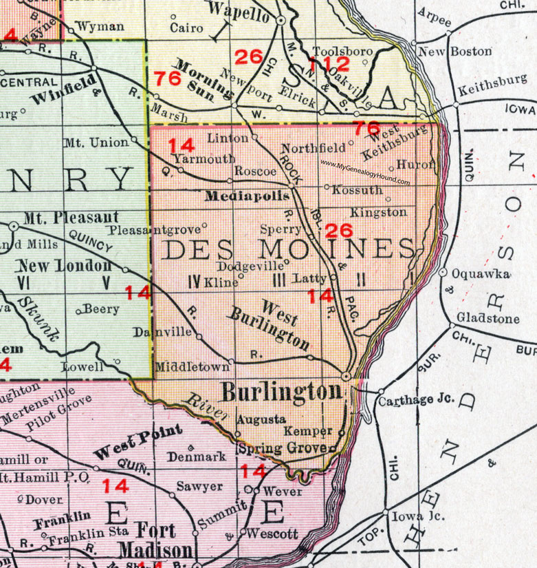 Des Moines County, Iowa, 1911, Map, Burlington, Mediapolis, Middletown, West Burlington, Danville, Kemper, Dodgeville, Latty, Kline, Kossuth, Linton, Yarmouth, Roscoe, Huron, Kingston, Northfield, Augusta, Sperry