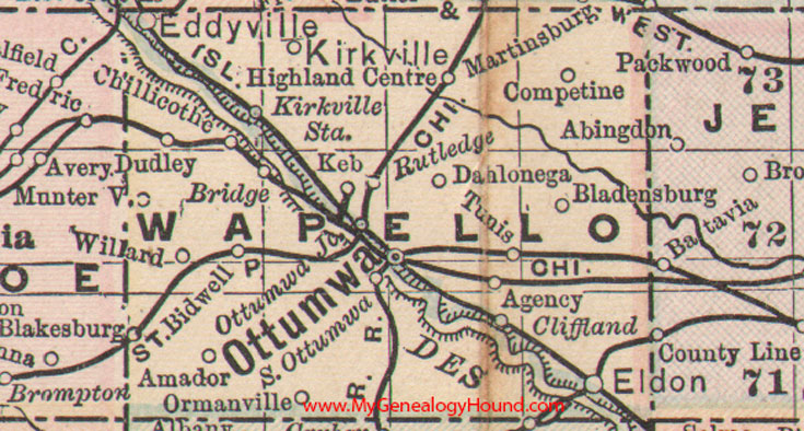Wapello County, Iowa, 1905, Map, Ottumwa, Eddyville, Kirkville, Eldon, Chillicothe, Agency, Blakesburg, Competine, Dahlonega, IA