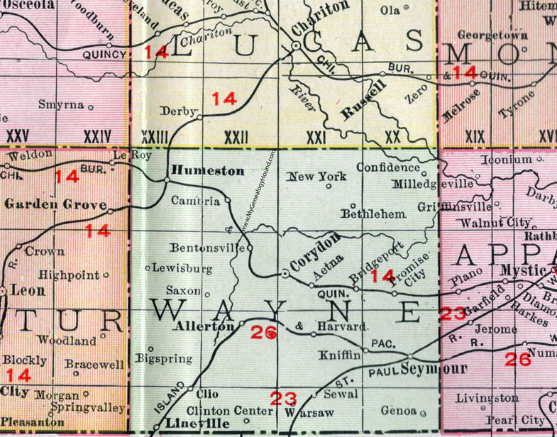 Wayne County, Iowa, 1911, Map, Corydon, Seymour, Allerton, Humeston, Promise City, Clio, Lineville, New York, Bethlehem, Cambria, Saxon, Warsaw, Genoa, Kniffen, Sewal, Harvard, Aetna, Confidence, Bridgeport