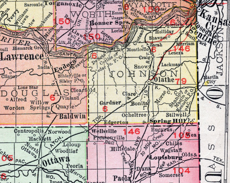 Johnson County, Kansas, 1911, Map, Olathe, Lenexa, Merriam, Shawnee, Gardner, Spring Hill, Stilwell, Clare, Edgerton, Stanley, De Soto, Monticello, Lackmans, Bonita, Ocheltree, Morse