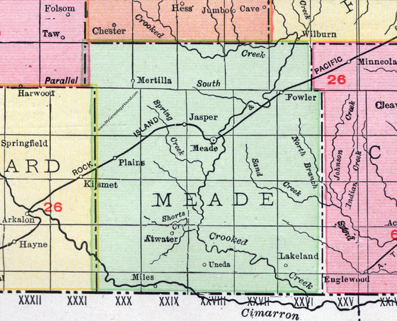 Meade County, Kansas, 1911, Map, Meade City, Fowler, Plains, Mertilla, Jasper, Atwater, Miles, Uneda, Lakeland