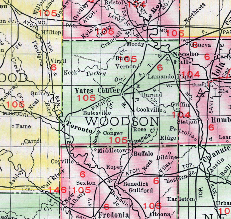 Woodson County, Kansas, 1911, Map, Yates Center, Neosho Falls, Toronto, Piqua, Moody, Lamando, Keck, Vernon, Burt, Durand, Griffin, Cookville, Batesville, Conger, Rose, Ridge