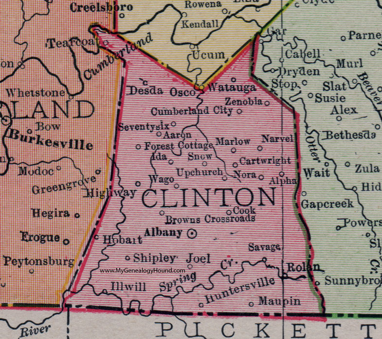 Clinton County, Kentucky 1911 Rand McNally Map Albany, Narvel, Watauga, Zenobia, Cartwright, Shipley, Wago, Seventy Six, Upchurch, Savage, Illwill, Maupin, Marlow, KY