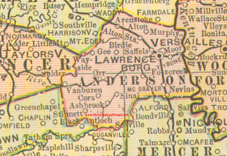 Anderson County, Kentucky 1905 Map Lawrenceburg, KY, Avenstoke, Ashbrook, Birdie, Cora, Gee, McBrayer, Nevins, Orr, Sinai, Saffels, Stinnett, Wayside