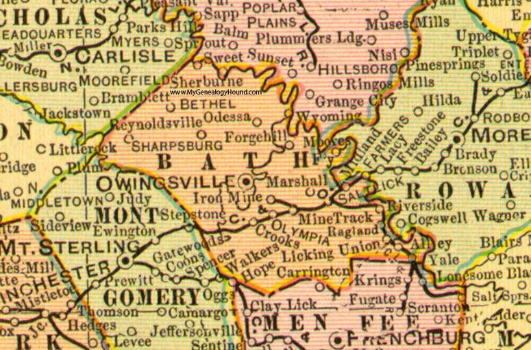 Bath County, Kentucky 1905 Map Owingsville, Sharpsburg, Bethel, Salt Lick, Olympia, Crooks, Alley, Odessa, Ragland