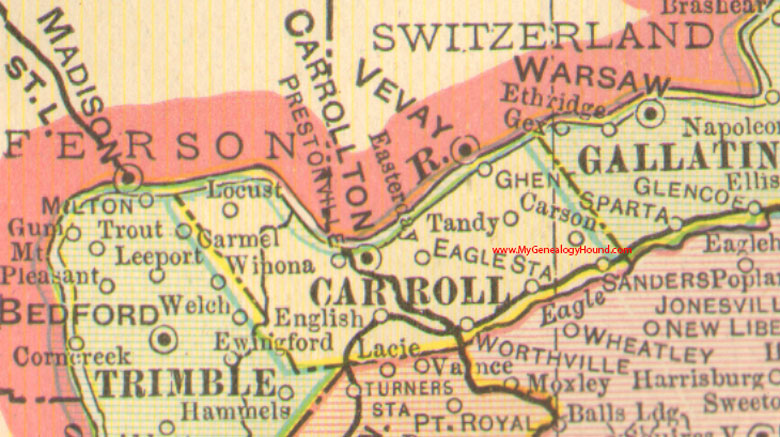 Carroll County, Kentucky vintage 1905 Map, Carrollton, KY, Ghent, Worthville, Carson, Eagle Station, Locust, Prestonville, Sanders, Tandy